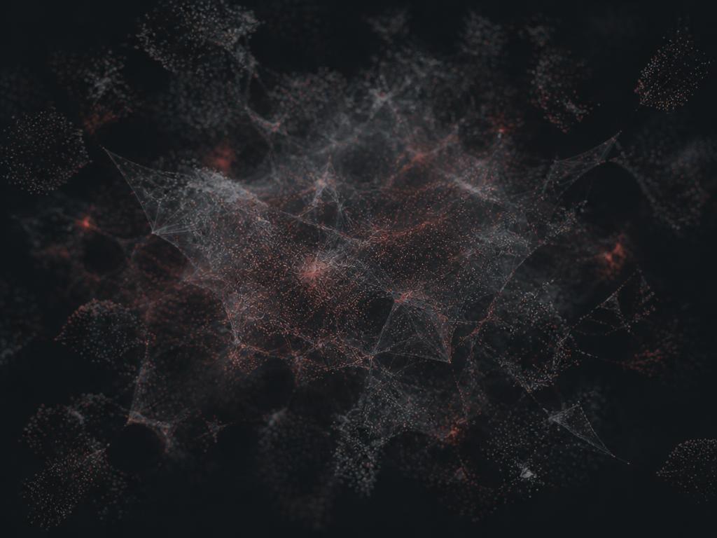 Diffuse chaotic cloud of grey and red vector points representing probabilistic token space